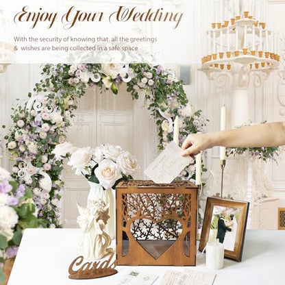 OurWarm Wooden Wedding Card Box with Heart-Shaped Acrylic Window