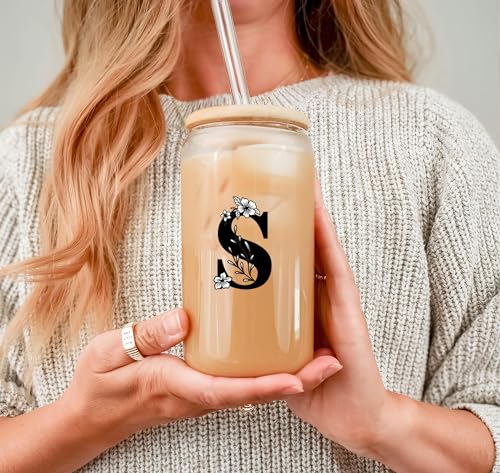 Monogrammed Initial Glass Cup Personalized Gifts for Women 16oz Initial Letter Glass Cups w/Lids Straws Birthday Valentine Mothers Day Gift for Her, S - color: Letter Cup-S