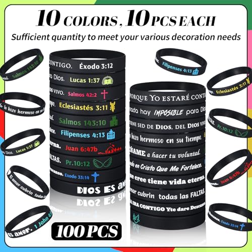 Foilswirl 100 Pcs Spanish Bible Verse Wristbands Christian Rubber, Dark - color: Dark