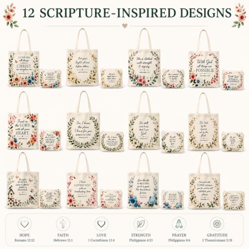 Christian Tote Bags for Women Bible Verse Canvas Tote Set 24 Pcs