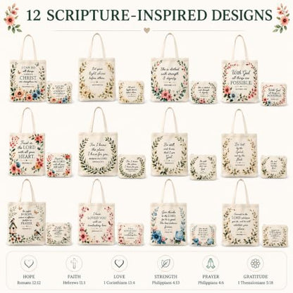 Christian Tote Bags for Women Bible Verse Canvas Tote Set 24 Pcs