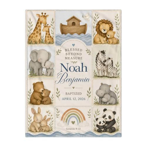 Personalized Noahs Ark Baby Blanket, Custom Baptism Baby Blanket - color: Beige #1