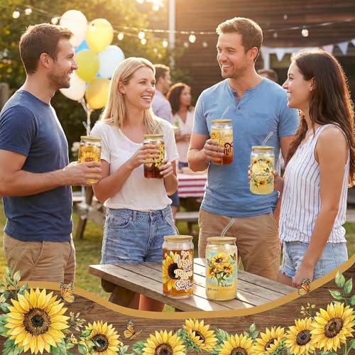 Glass Cups with Lids and Straws, 6Pack, 16oz, Sunflower Christian - style: Sunflower