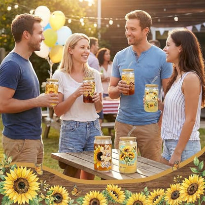 Glass Cups with Lids and Straws, 6Pack, 16oz, Sunflower Christian - style: Sunflower