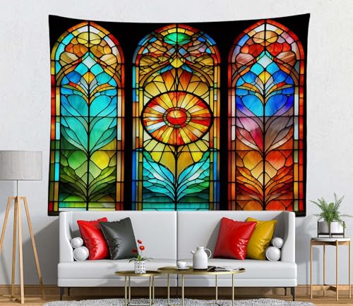 Loccor Gothic Stained Glass Window Tapestry Vintage Church Cathedral Colorful Stained Glass Window Wall Hanging Tapestry for Religion Kid Adult Home Bedroom Living Room Decor 60''x40'' - size: 59"L x 59"W