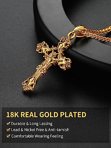 ChainsHouse Cross Necklace for Men, Black/18K Gold Plated/Stainless Steel Christian Jewelry Cross Pendant Necklace for Men, with Gift Box - color: a: Jecus Cross-Gold