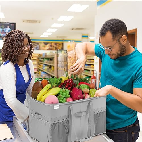 Extra Large Utility Tote Bag, 2 Pack Reusable Grocery Bags Heavy Duty, Sturdy Structured Tote Bag with Pockets & Handles, Foldable Shopping Bags for Groceries, Collapsible Totes with Lids 22x11.5x13in