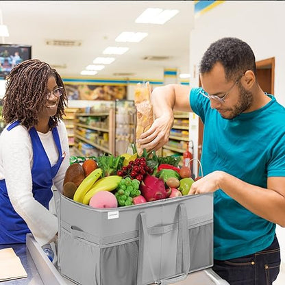 Extra Large Utility Tote Bag, 2 Pack Reusable Grocery Bags Heavy Duty, Sturdy Structured Tote Bag with Pockets & Handles, Foldable Shopping Bags for Groceries, Collapsible Totes with Lids 22x11.5x13in