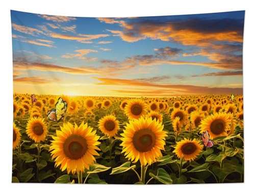 HVEST Sunflower Tapestry Wall Hanging Country Yellow Floral and Butterfly Tapestry for Bedroom, Sunset with Sunflower Field Nature Landscape Wall Art for Living Room Dorm Home Decor, 59W X 51H inches - color: Yellow, size: 51"L x 59"W