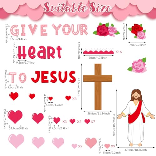 Valentine's Day Jesus Bulletin Board Set Valentines Religious Christian Classroom Decorations Give Your Heart to Jesus Love Heart Rose Cross Paper Cutouts for Sunday School Home Chalkboard Wall Decor - style: Valentines Religious