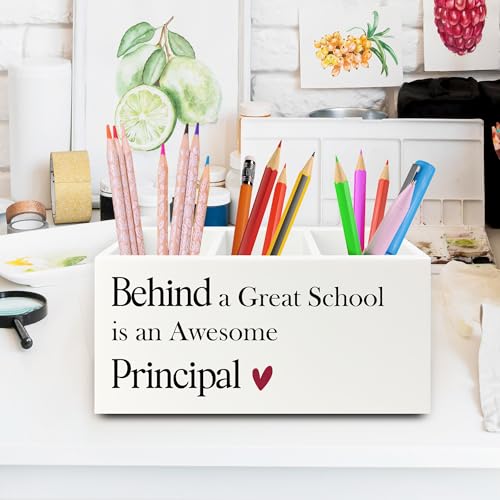 Principal Gifts Pen Pencil Holder Organizer for Desk, Gifts for Principals Women Men, Behind a Great School Is an Awesome Principal Wooden Box Sign for Office Workplace Desk Tabletop Decorations - color: colour 13