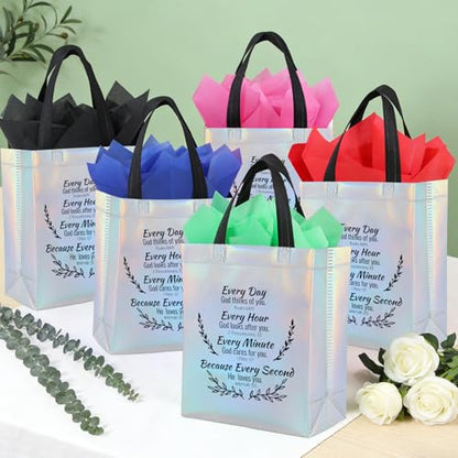 LUAVIARU 40 Pcs Bible Verse Christian Gift Bags Set – 20 Silver Reusable Gift Bag with Handles & 20 Tissue Paper, Religious Gift Bag for Church Events, Baptism, Easter, Communion, Congratulations - color: Silver, size: 20