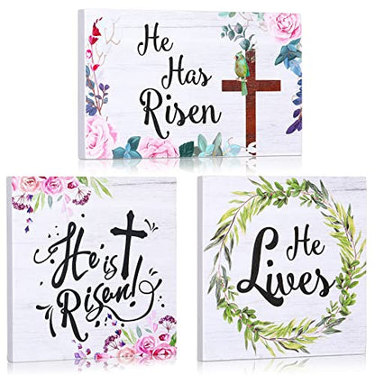 Blulu 3 Pieces Easter Christian Table Decorations Signs He Is Risen Decor Wooden Inspirational Tiered Tray Block Signs Easter Spring Table Centerpieces He Lives Tabletop Decor for Holidays