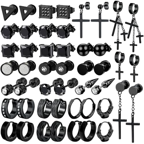 NEWITIN 24 Pairs Stainless Steel Earrings for Men Hypoallergenic Inlaid Cubic Zirconia Studs Hoop Earring Cross Dangle Earrings Unisex Punk Stud Earring for Women Men - color: Different Black