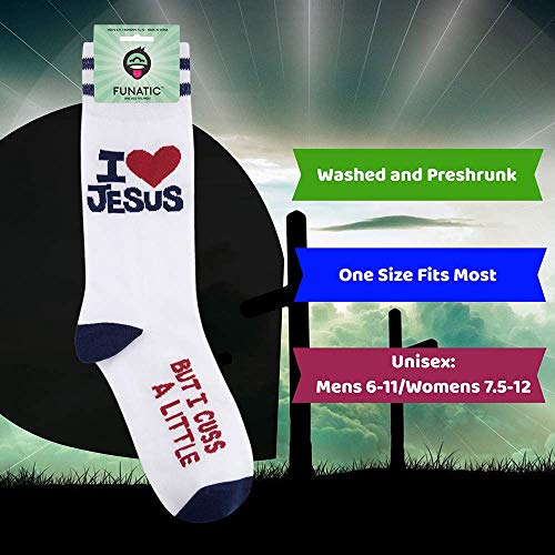 FUNATIC Socks with Funny and Profane Sayings, Sarcastic Gift for Men Women - color: I Love Jesus But Cuss