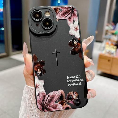 Bible Verse Phone Case for iPhone iPhone 14 Case, Cute Simple Cross with Flower Design, Soft TPU Shockproof Protective Cover for Girls Women-Black - color: Black-2, size: iPhone 14