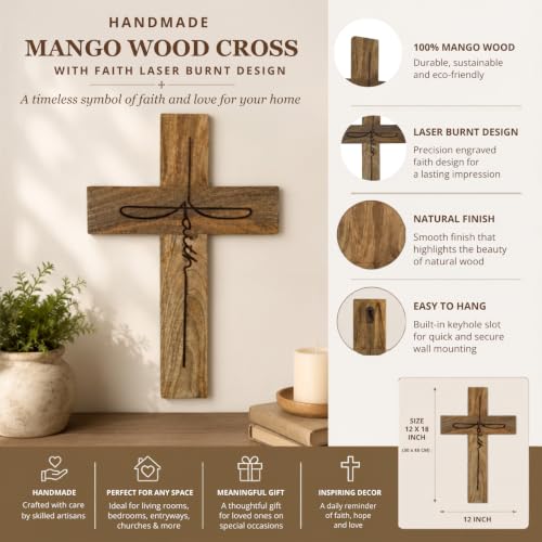 Handmade Mango Wood Cross Wall Decor 12x18 Inch Natural Finish with Faith Laser Burnt Design Rustic Wooden Christian Cross for Farmhouse Wall Hanging Religious Home Church