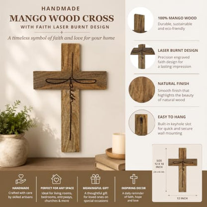 Handmade Mango Wood Cross Wall Decor 12x18 Inch Natural Finish with Faith Laser Burnt Design Rustic Wooden Christian Cross for Farmhouse Wall Hanging Religious Home Church