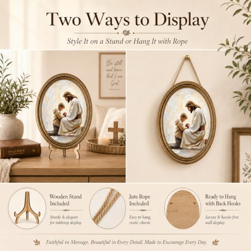 Vintage Jesus Wall Art, Comforting Boy Oval Wood Sign for Home, 11.2 Inch