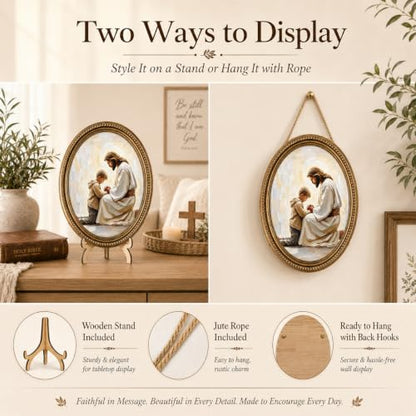 Vintage Jesus Wall Art, Comforting Boy Oval Wood Sign for Home, 11.2 Inch