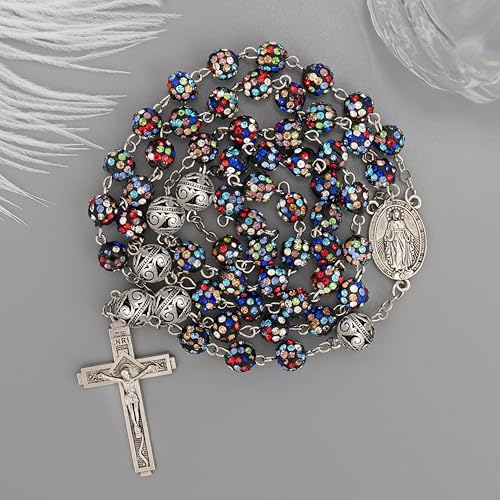 Nazareth Store Rhinestones Crystal Beads Rosary, Catholic Rosary Necklace with Silver Miraculous Medal INRI Crucifix, Multicolor Rosaries in a Gift Case - color: Colorful with Metal Beads