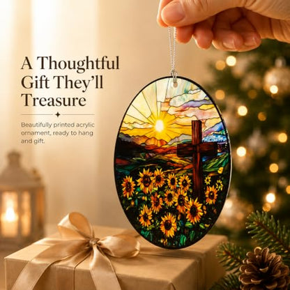 Christian Gifts for Women, Cross Suncatcher Sunflower for Christmas Tree - color: Natural Cross
