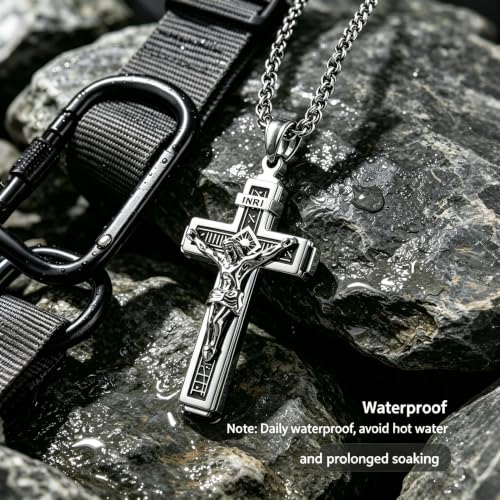 HZMAN Catholic Jesus Christ INRI Cross Crucifix Pendant Necklace for Men - color: Silver
