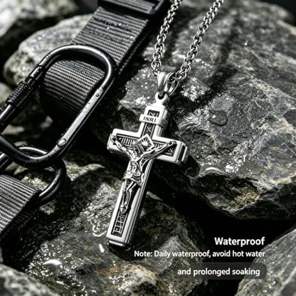 HZMAN Catholic Jesus Christ INRI Cross Crucifix Pendant Necklace for Men - color: Silver