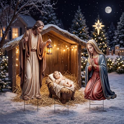 Shimeyao 3 Pcs Metal Christmas Outdoor Nativity Scene Set 49.2 Inch Large Christmas Holy Family Nativity Scene Decorations Includes Stakes Jesus Joseph Mary for Front Door Garden Home Patio Outside - style: Nativity Scene