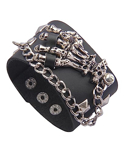 GelConnie Leather Cuff Bracelet Punk Braided Bracelets Rock Leather Wristbands Faux Mens Leather Bracelet Gothic Viking Bangle Adjustable Wrap Bracelet for Women,Men - color: Black Skull Leather Bracelets