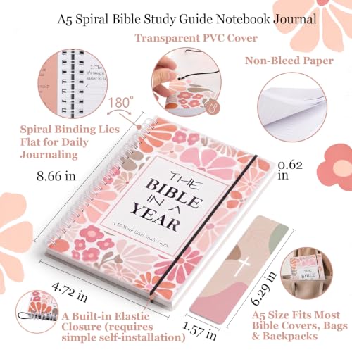 Spiral Bible in a Year 52-Week Bible Study Guide Journal for Women Beginner - color: Pink Floral Bible in a Year (Thematic Devotional)