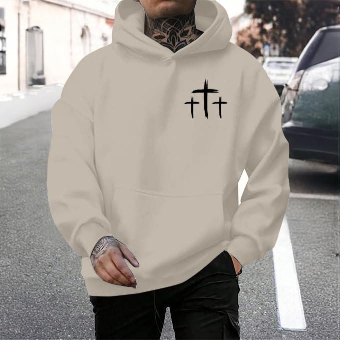Men Faith Over Fear Christian Cross Graphic Pullover Hoodie - color: Apricot, size: Medium