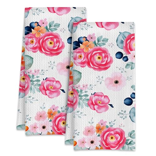 Pink Rose Flower Kitchen Dish Towels,Farmhouse Watercolor Floral Hand Towels 16x24 Inch Decorative Absorbent Dish Cloth for Cooking Baking Cleaning Bathroom Decor Set of 2 - color: Pink Rose Flower Watercolor