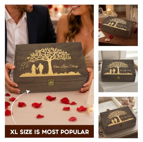 Wedding Engraved Wooden Keepsake Box, Our Love Story Memory Box with Inside Engraving, Wedding Gift Box for Photos, Letters & Precious Couple Memories, X-Large 14.15 x 9.5 x 4.5 Inch - size: X-Large, style: Wedding