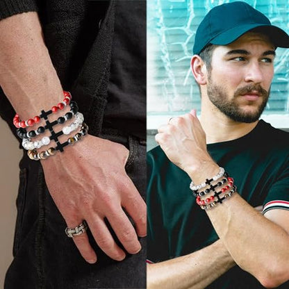 Mens Beaded Bracelets, 8MM Beaded Bracelets for Men, Natural Tiger Eye Bead Bracelet, Stretch Elastic Beads Bracelets for Men - color: Black dragon red yellow