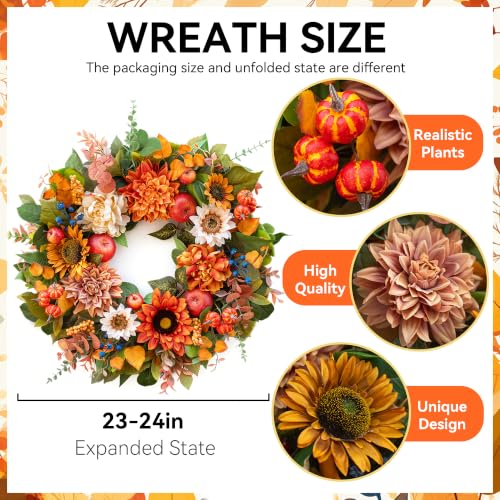 24 Inch Fall Wreaths for Front Door, Apple Wreath Artificial Autumn Wreath - color: Orange3