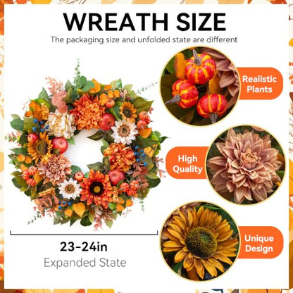 24 Inch Fall Wreaths for Front Door, Apple Wreath Artificial Autumn Wreath - color: Orange3