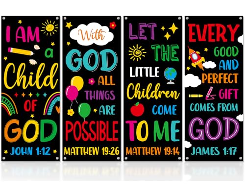 4PCS Church Banners with Scripture Religious Bible Verse Backdrops for Kids Christian Porch Decorations Inspirational Religious Hanging Signs for VBS Church Sunday School Classroom Wall Decor (Black) - color: Black