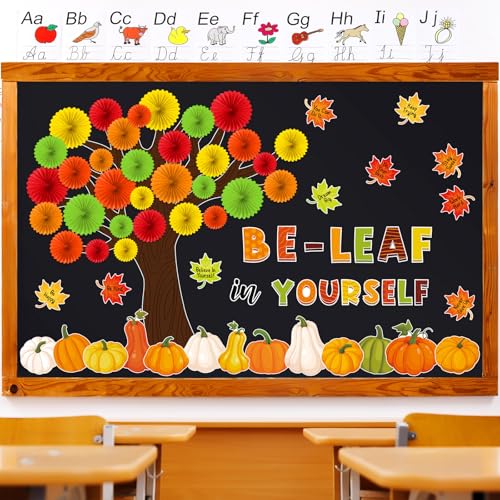 Gersoniel 81 Pcs Fall Thanksgiving Tree Bulletin Board for Classroom Be Leaf in Yourself Thanksgiving Tree Bulletin Board Decorations 3D DIY Paper Fans Pumpkin Cutouts Autumn School Home Wall Decor - style: Fall Leaf