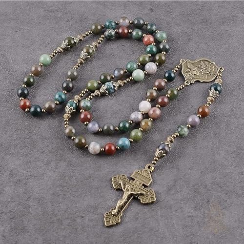 Catholic Town 8mm India Agate Natural Stone Beads, Large Rosary with Caps Saint Michael the Archangel Medal and Pardon Crucifix (CTROSSMA-IA)