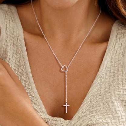 Cross Necklace for Women, Dainty 14K Gold Plated Cross Pendant Simple Long Necklaces for Women, Christian Faith Necklace Trendy Gold Jewelry Gifts for Easter - color: fixed silver heart infinity cross necklace