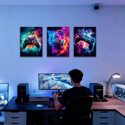 WENGTIAO 3Pcs Neon Gamepad Headphones Canvas Wall Art Prints 12"x16" - color: Cool Game Controller, size: 12"x16"x3Pcs