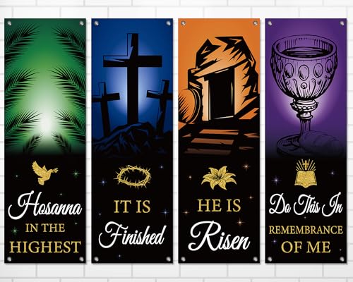 4Pcs Easter Church Banners for Sanctuary Wall Welcome Religious Banners Hanging Backdrop He is Risen Easter Porch Signs Bible Verses Banner Scripture Hanging Signs for Church School Decor - style: He is Risen