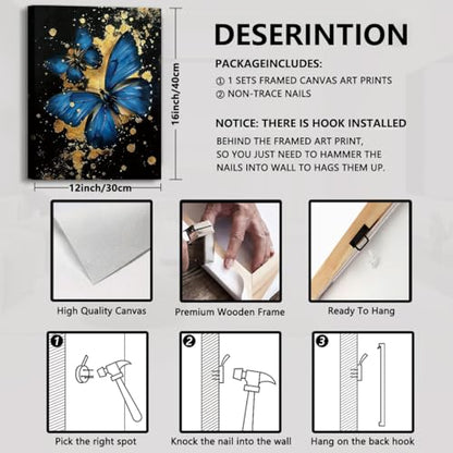 Blue Butterfly Wall Art Canvas Prints Black and Gold Bathroom Wall Decor - color: Zen Butterfly Wall Art Canvas Prints (Ready to Hang)