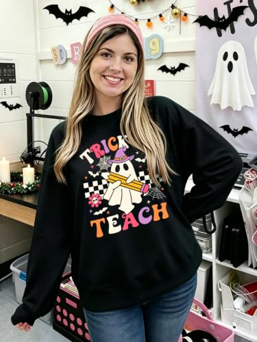 Teacher Halloween Sweatshirt Women Cute Ghost Reading Books Tops - color: D-black, size: Medium