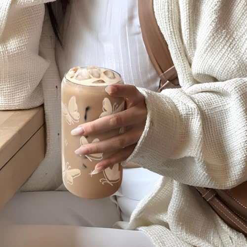 SANDJEST Butterfly Glass Can, Iced Coffee Aesthetic,Cup, Gifts for Christmas Birthday, Gift for Women Girls, 16oz - color: Butterfly