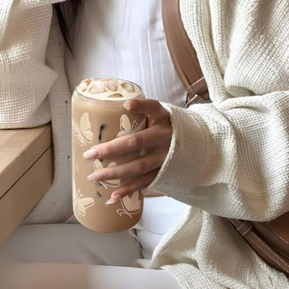 SANDJEST Butterfly Glass Can, Iced Coffee Aesthetic,Cup, Gifts for Christmas Birthday, Gift for Women Girls, 16oz - color: Butterfly