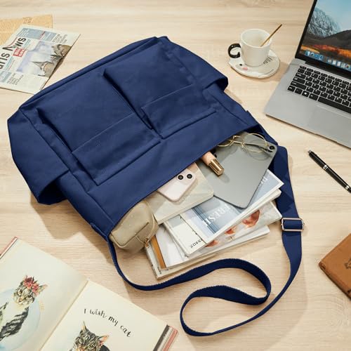 KALIDI Canvas Tote Bag Zipper Large Crossbody Shoulder Bag Messenger Bag - color: Upgraded Deep Blue