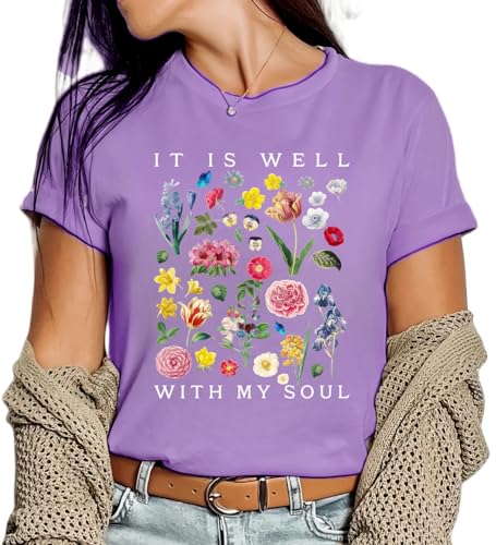 Christian Shirts for Women Vintage Bible Verse Boho Wildflowers Shirts Floral Graphic Jesus Tees - color: Purple-1, size: Small