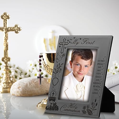 BELLA BUSTA- My First Holy Communion Picture frame-Cross and Chalice, Religion, Christian Traditions Occasion-Engraved Photo Frame (5x7 Vertical (Gray)) - size: 5x7 Vertical (Gray)